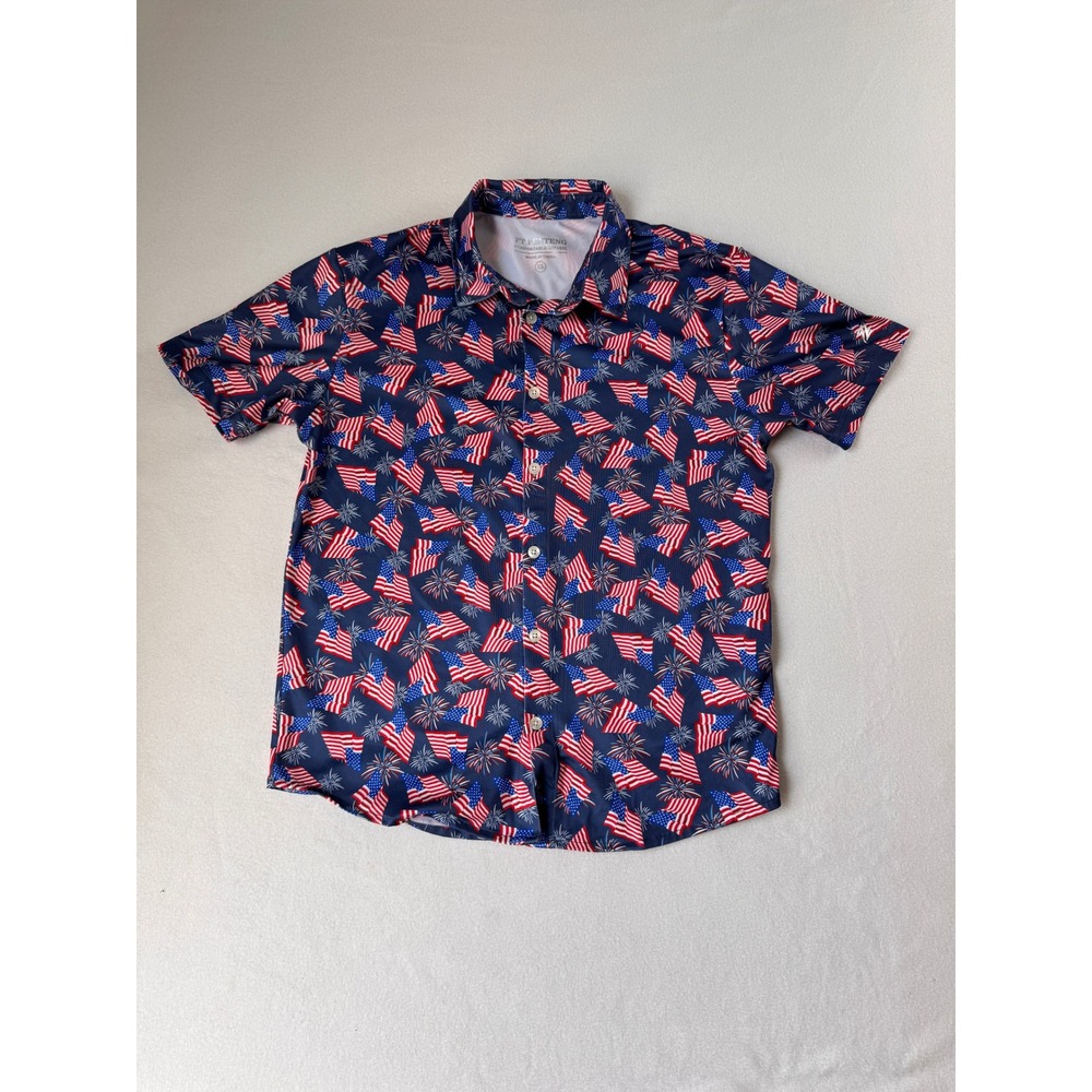 FT Fenteng Boys XL American Flag Fireworks Button Up Shirt Patriotic